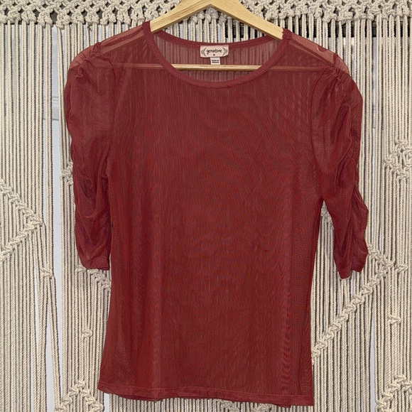 Gemstone Sheer Coral Women's Blouse with Ruched Sleeves - Picture 2 of 5